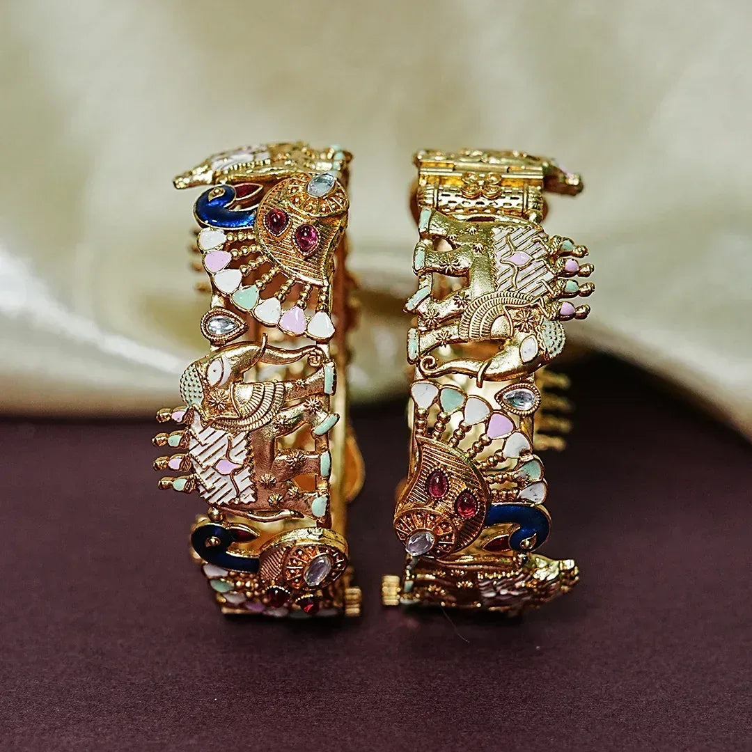 Premium Handcrafted Brass Kada – Elephant & Peacock Motif (Pack of 2) - The Golden Cascade